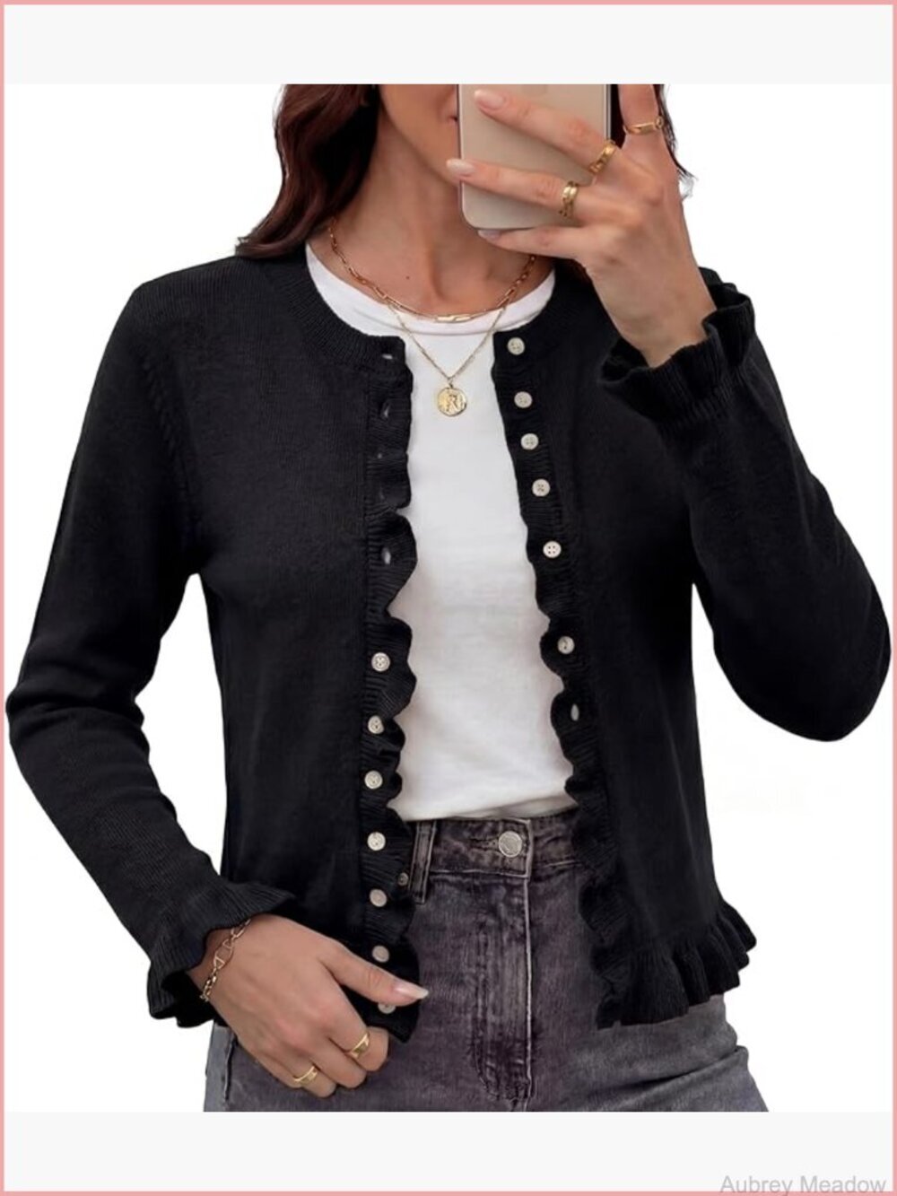 Cropped Cardigan Sweater Ruffle Hem Crew Neck Button Down Long Sleeve Knit Top